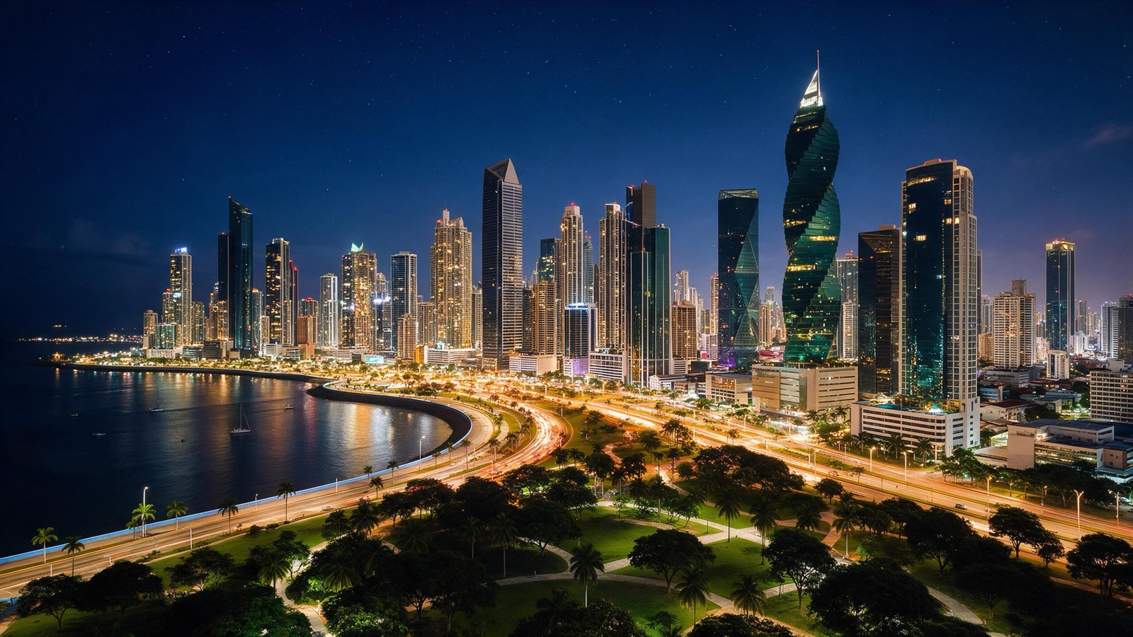 Skyline de la Ciudad de Panamá iluminado de noche